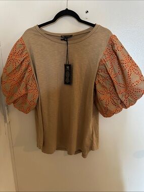 NWT DQ2 Beige Solid Knit Crew Neck Puff Sleeve Pullover Top Women's XL